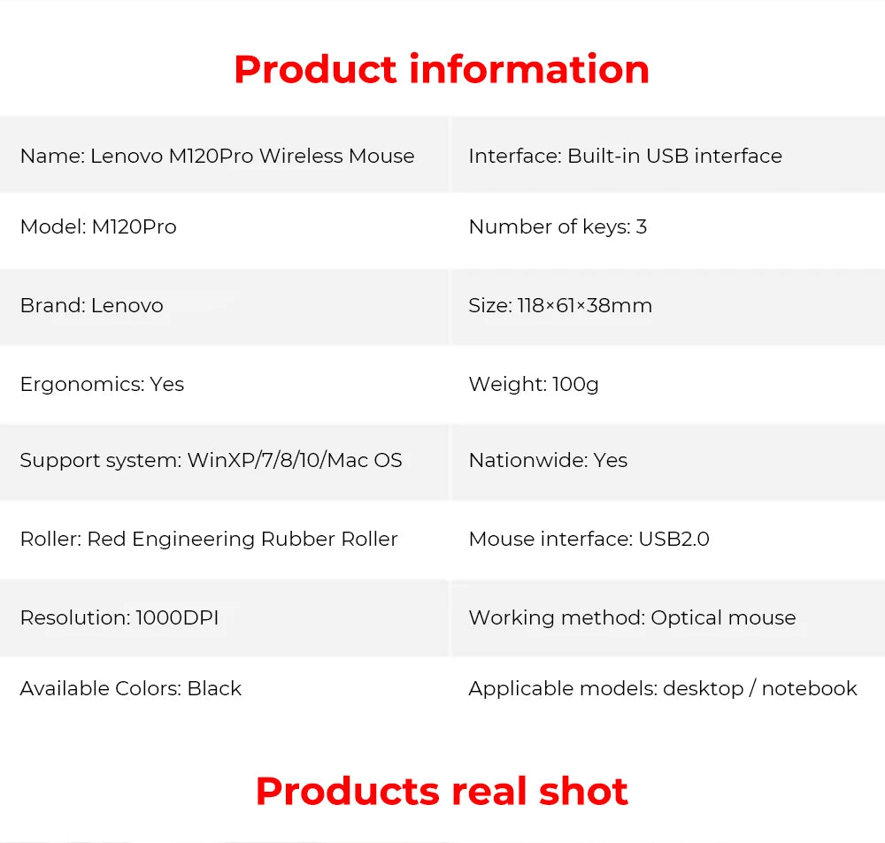 Lenovo M120Pro Wireless Mouse Ergonomic Sensor USB Receiving Gaming Office Mouse 1000PDI MacBook Laptop Universal Accessories