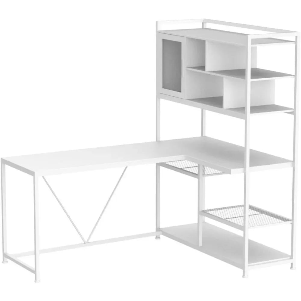 L Shaped Computer Desk, 58'' Office Desk with LED Light and Bookshelf, L Shaped Corner Desk with Storage Shelves for Home