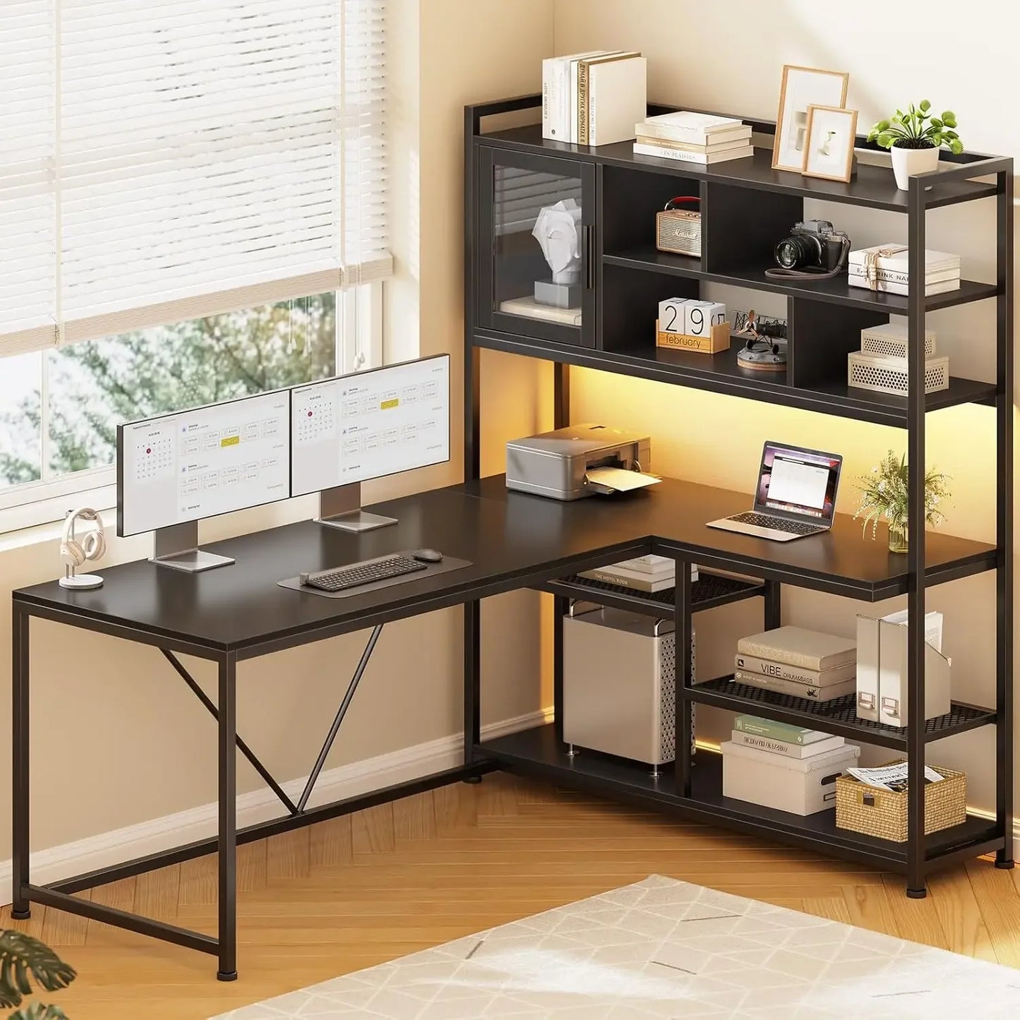 L Shaped Computer Desk, 58'' Office Desk with LED Light and Bookshelf, L Shaped Corner Desk with Storage Shelves for Home