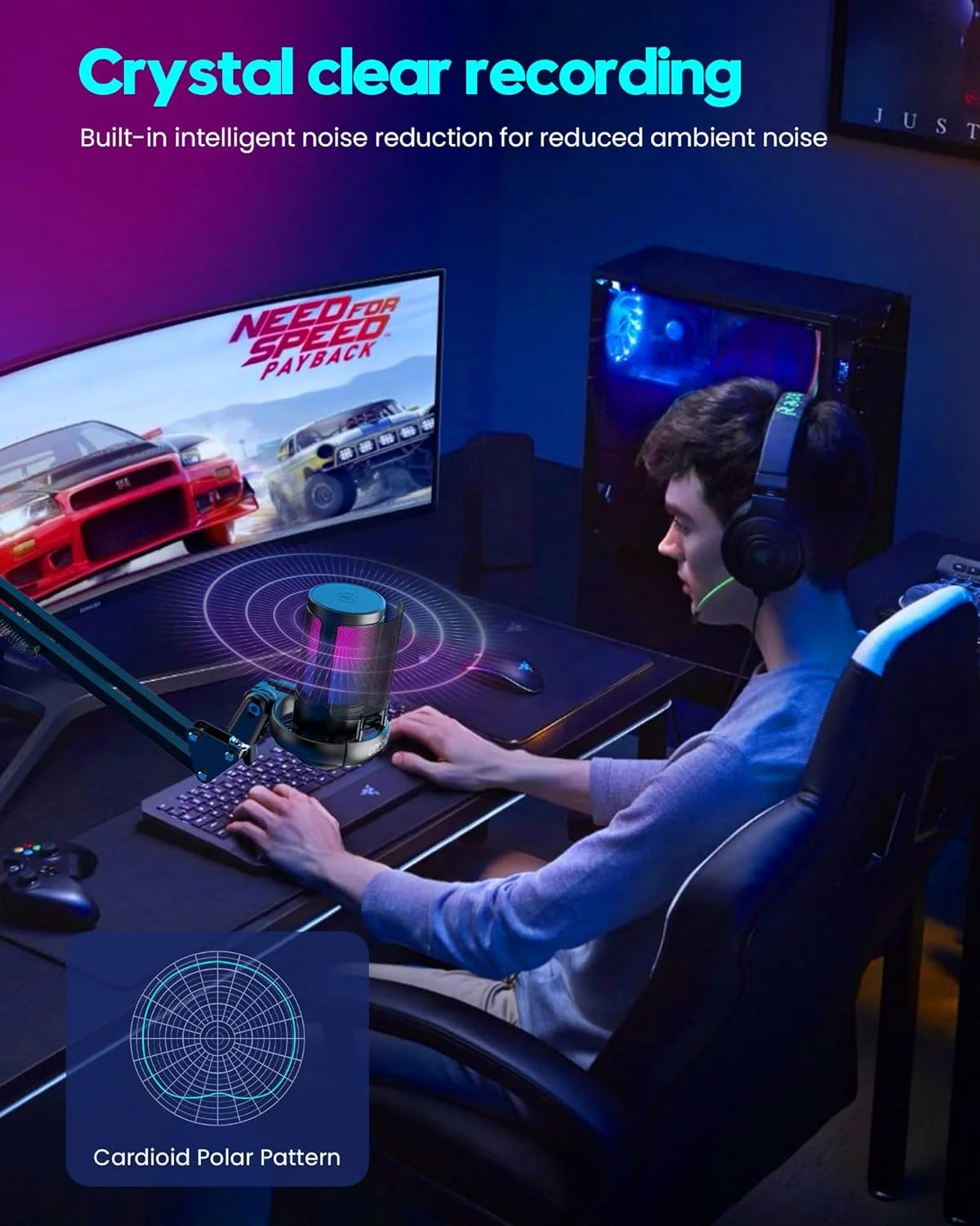 Gaming USB Microphone, Controllable RGB Lighting, With Cantilever Bracket, Suitable for Game Live Streaming and Audio Recording