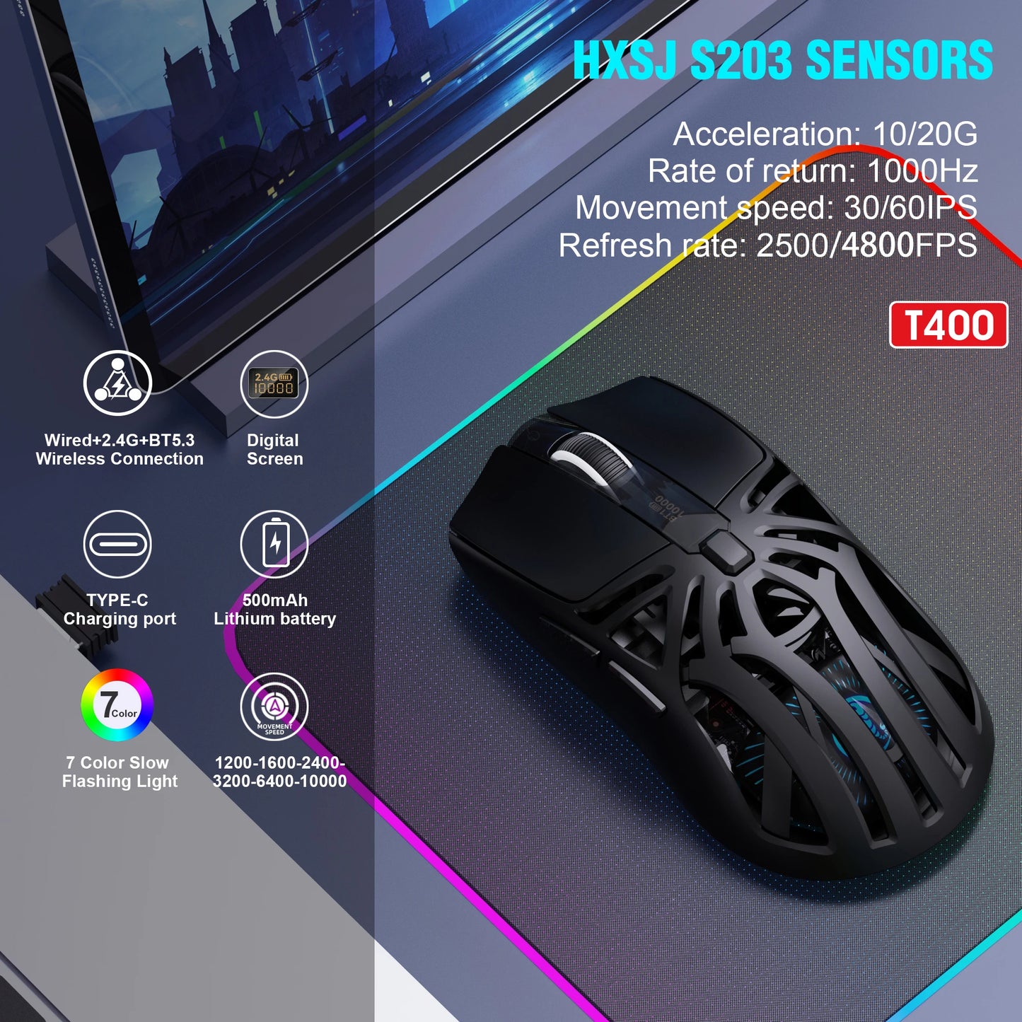 HXSJ T400 3-mode wireless optical mouse 1000HZ lightweight 500mAh rechargeable USB-type C Gaming office mouse for pc laptop