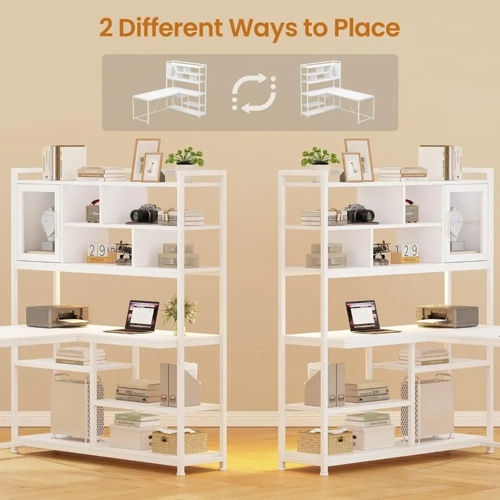 L Shaped Computer Desk, 58'' Office Desk with LED Light and Bookshelf, L Shaped Corner Desk with Storage Shelves for Home