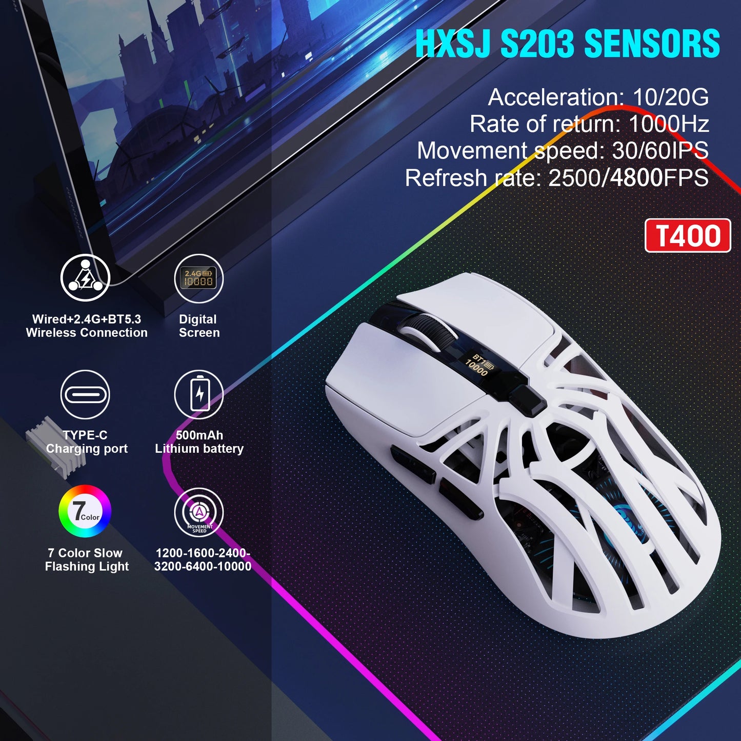 HXSJ T400 3-mode wireless optical mouse 1000HZ lightweight 500mAh rechargeable USB-type C Gaming office mouse for pc laptop