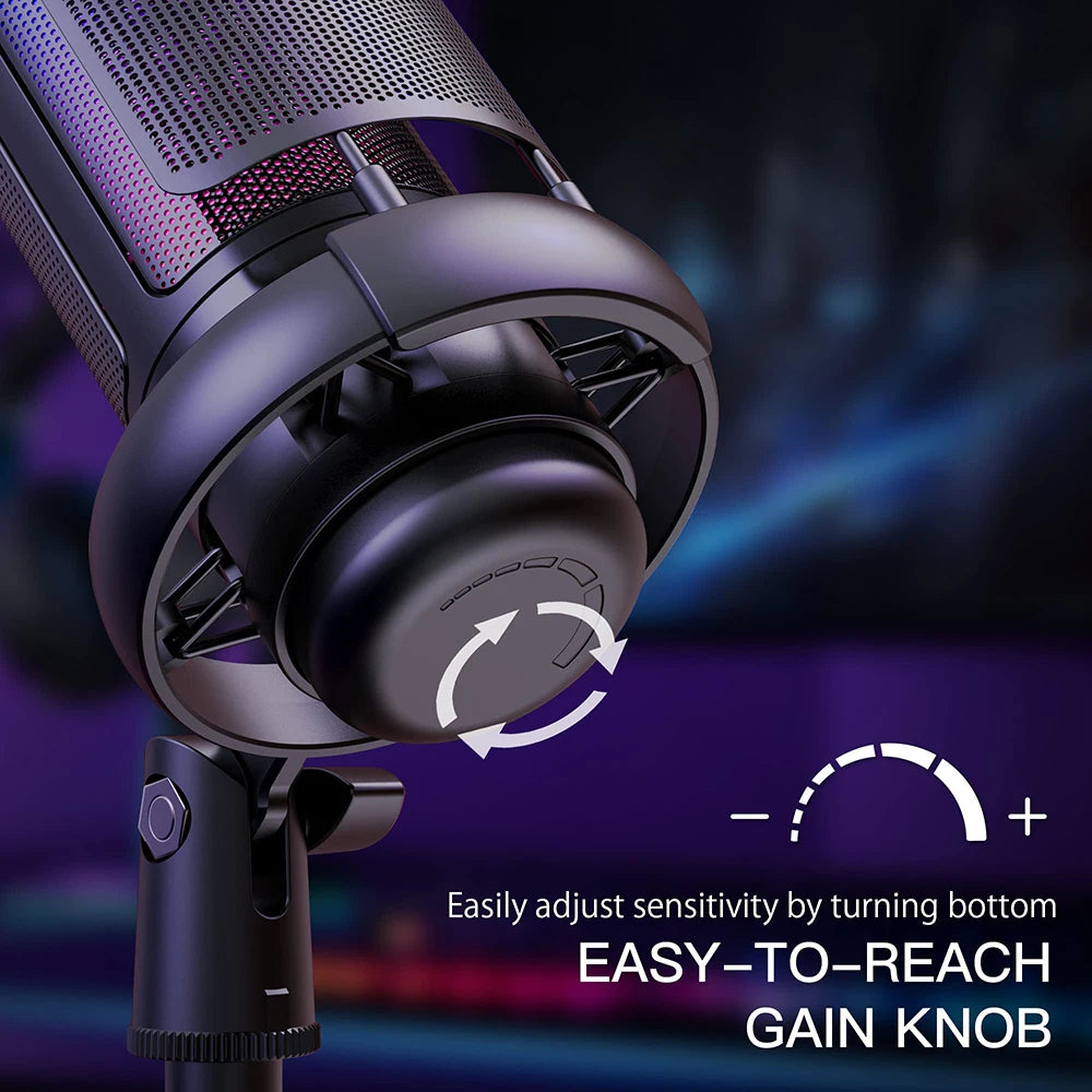 USB Condenser Microphone for PC Computer Gaming Mic for PS4/PS5/Mac Fast Mute RGB Lights Shock Mount Gain Knob Sound Monitor