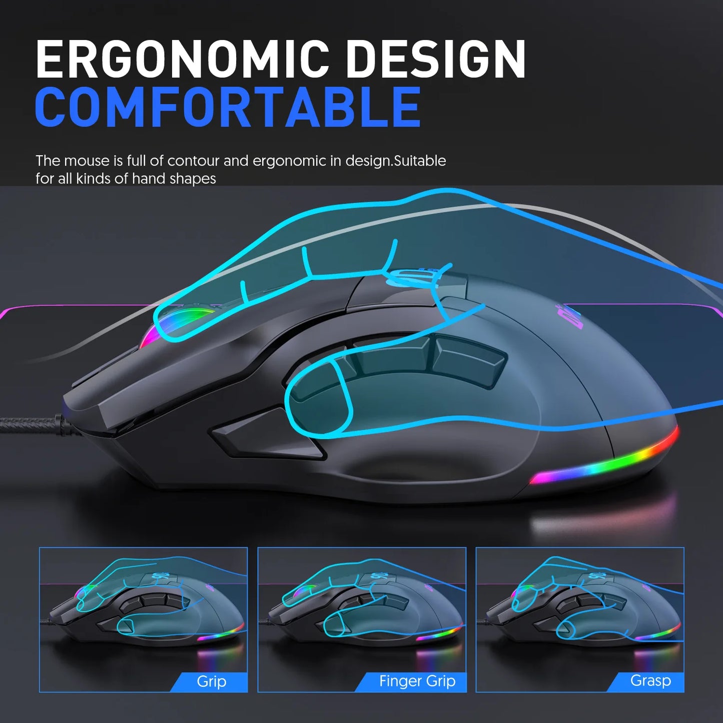 12000DPI Macro RGB Gaming Mouse 9 Programmable Keys Game Mouse RGB Light Max to 6 levels For pc mac gun PUBG Laptop