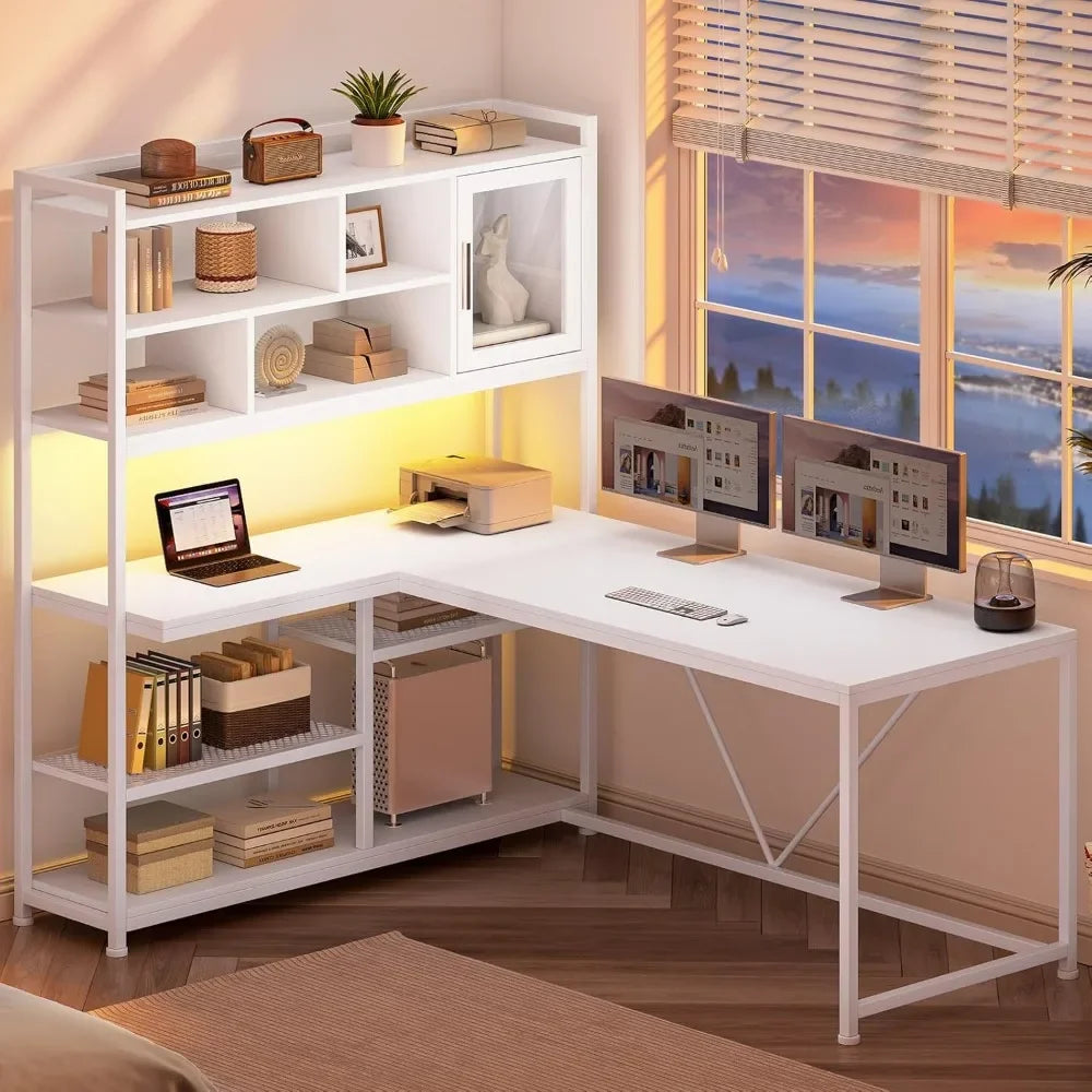 L Shaped Computer Desk, 58'' Office Desk with LED Light and Bookshelf, L Shaped Corner Desk with Storage Shelves for Home