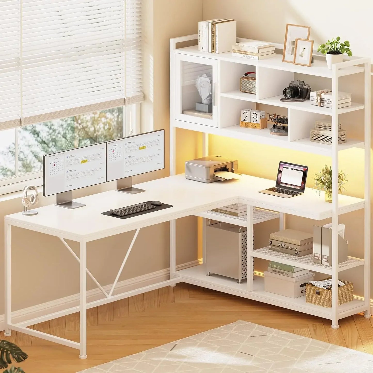 L Shaped Computer Desk, 58'' Office Desk with LED Light and Bookshelf, L Shaped Corner Desk with Storage Shelves for Home