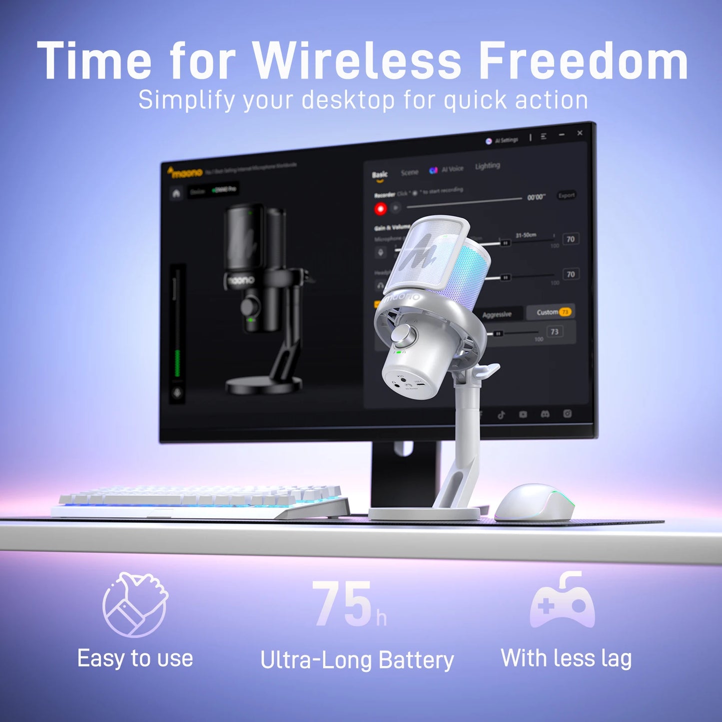 MAONO DM40 Wireless USB Microphone with AI Voice Changer Noise Reduction Condenser Mic for Gaming Streaming PC Laptop Recording