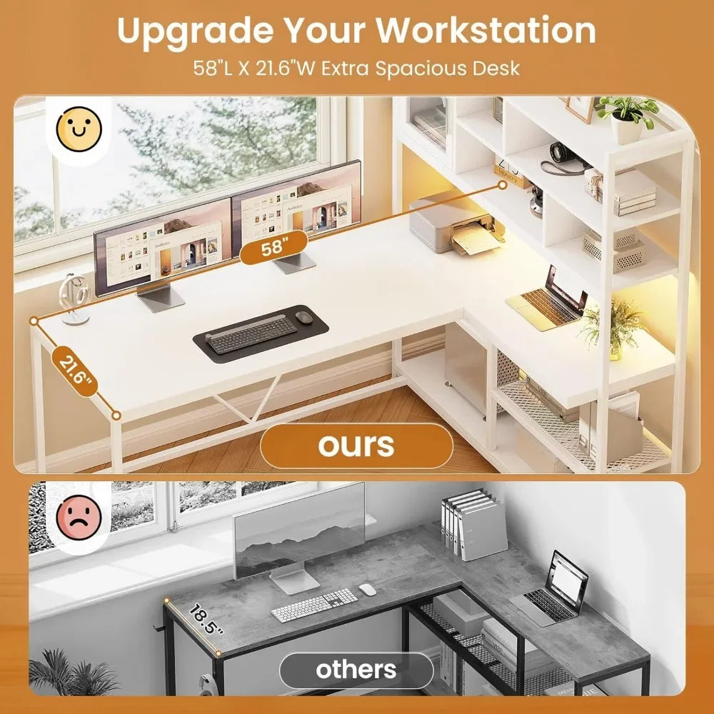 L Shaped Computer Desk, 58'' Office Desk with LED Light and Bookshelf, L Shaped Corner Desk with Storage Shelves for Home