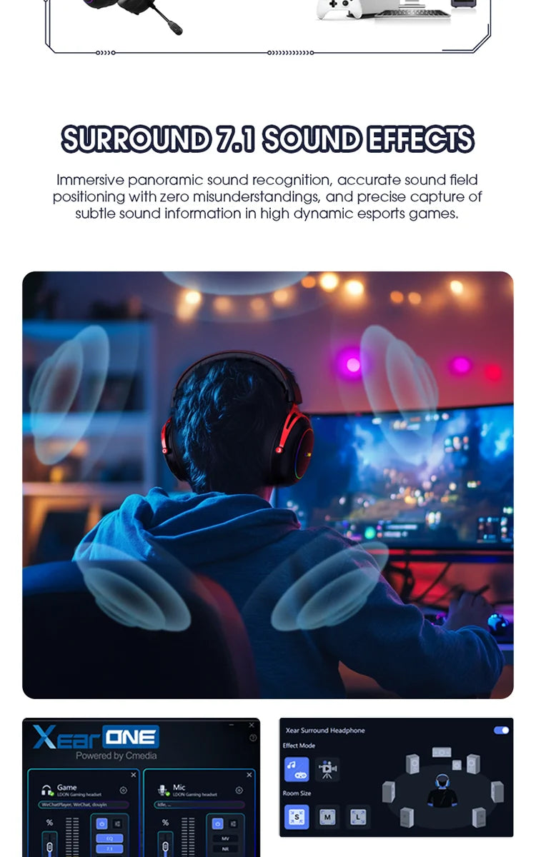 LDON Gaming Headset with RGB Noise Canceling Microphone 7.1 Surround Sound Headphones for PS5 PS4 One PC Laptop Mac Computer PC