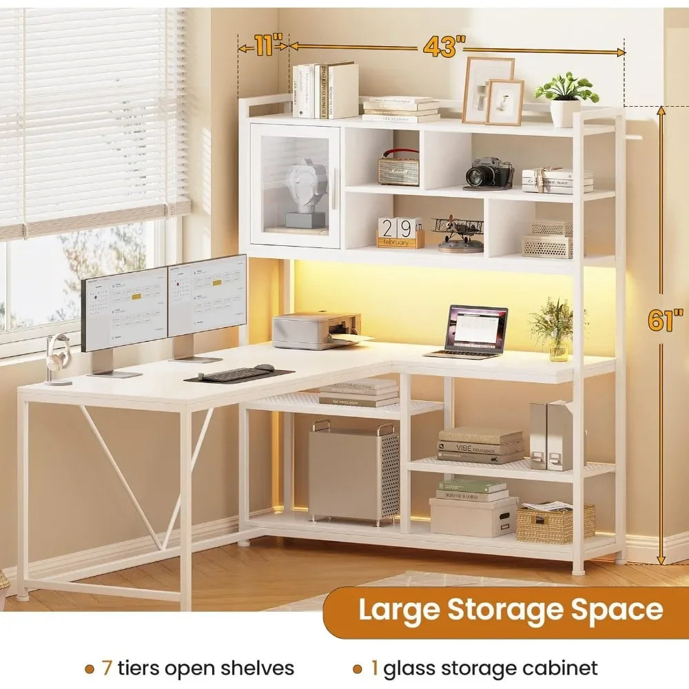 L Shaped Computer Desk, 58'' Office Desk with LED Light and Bookshelf, L Shaped Corner Desk with Storage Shelves for Home