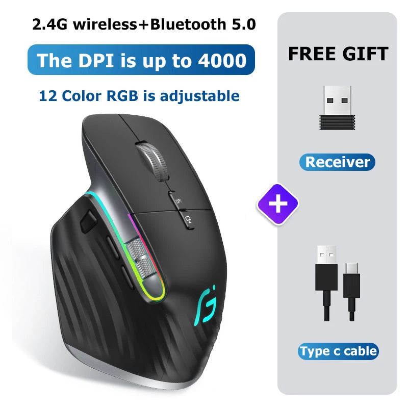 JOMAA 2.4G Wireless Bluetooth Mouse Rechargeable LED RGB Gaming Mouse for Computer Gamer Office 4000DPI