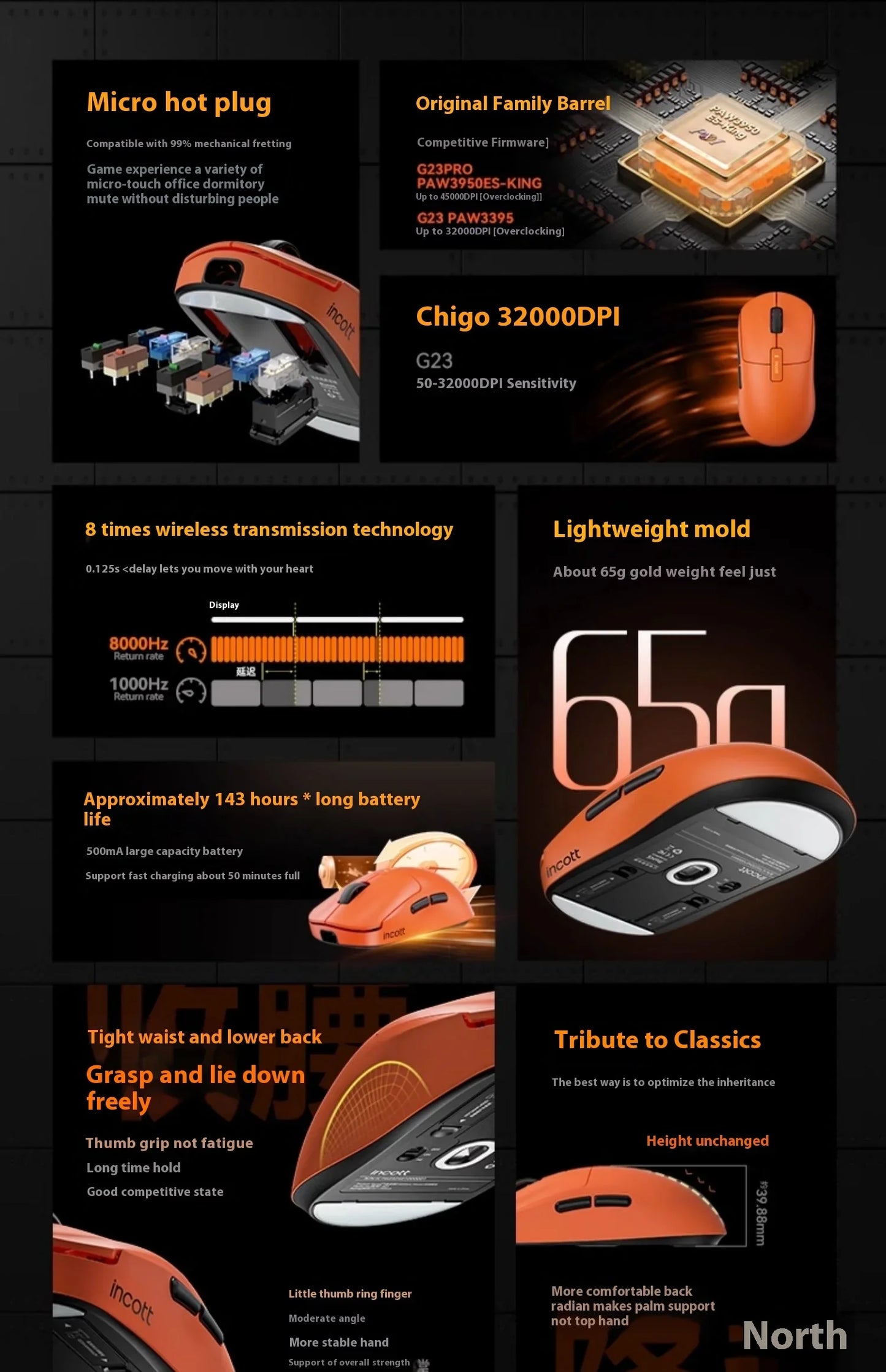 Incott G23 Pro Paw3950 Sensor Hot Swap Fast Charge Wireless Mouse 8k Dual Mode Gaming Mouse Ergonomics Pc Gamer Accessories Gift