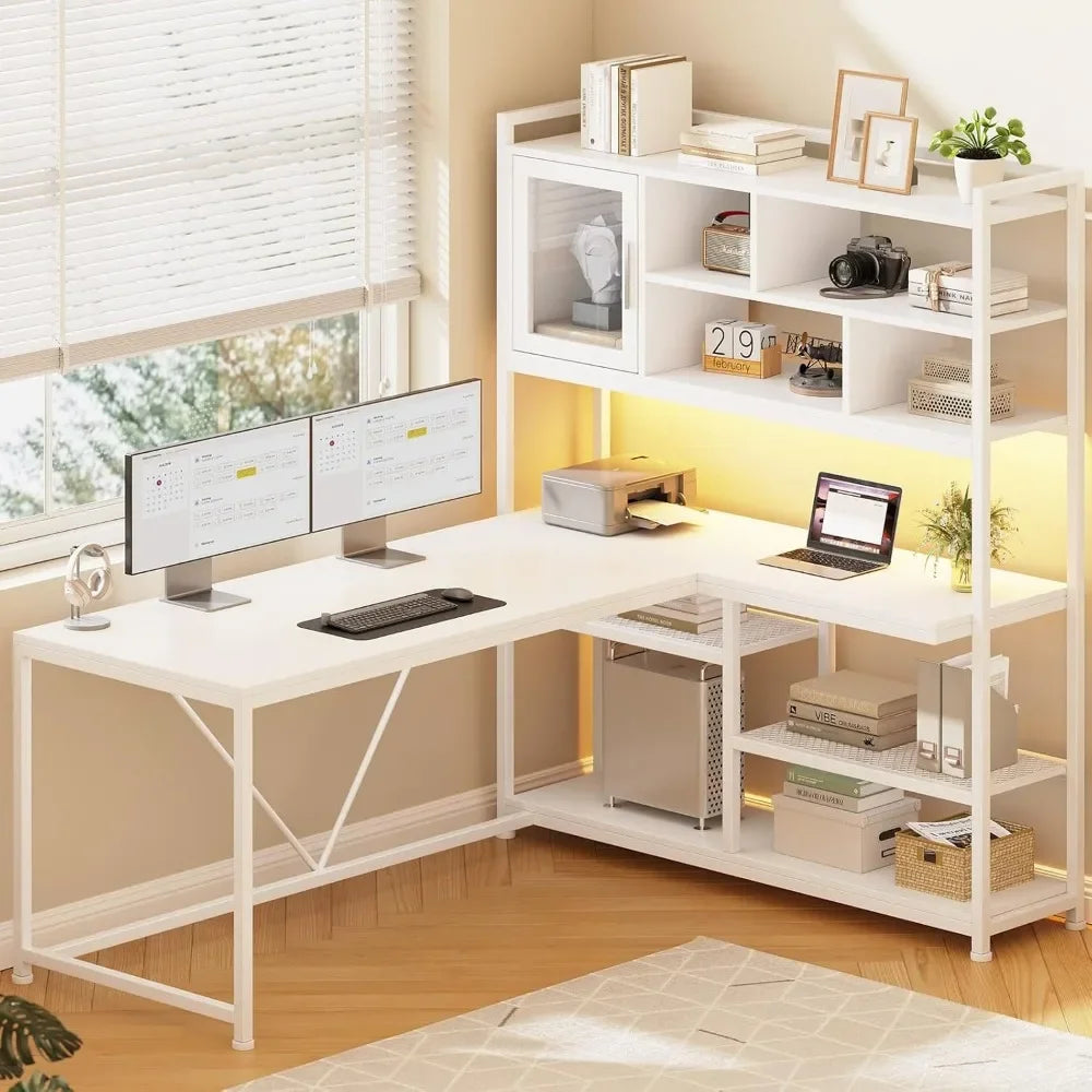 L Shaped Computer Desk, 58'' Office Desk with LED Light and Bookshelf, L Shaped Corner Desk with Storage Shelves for Home