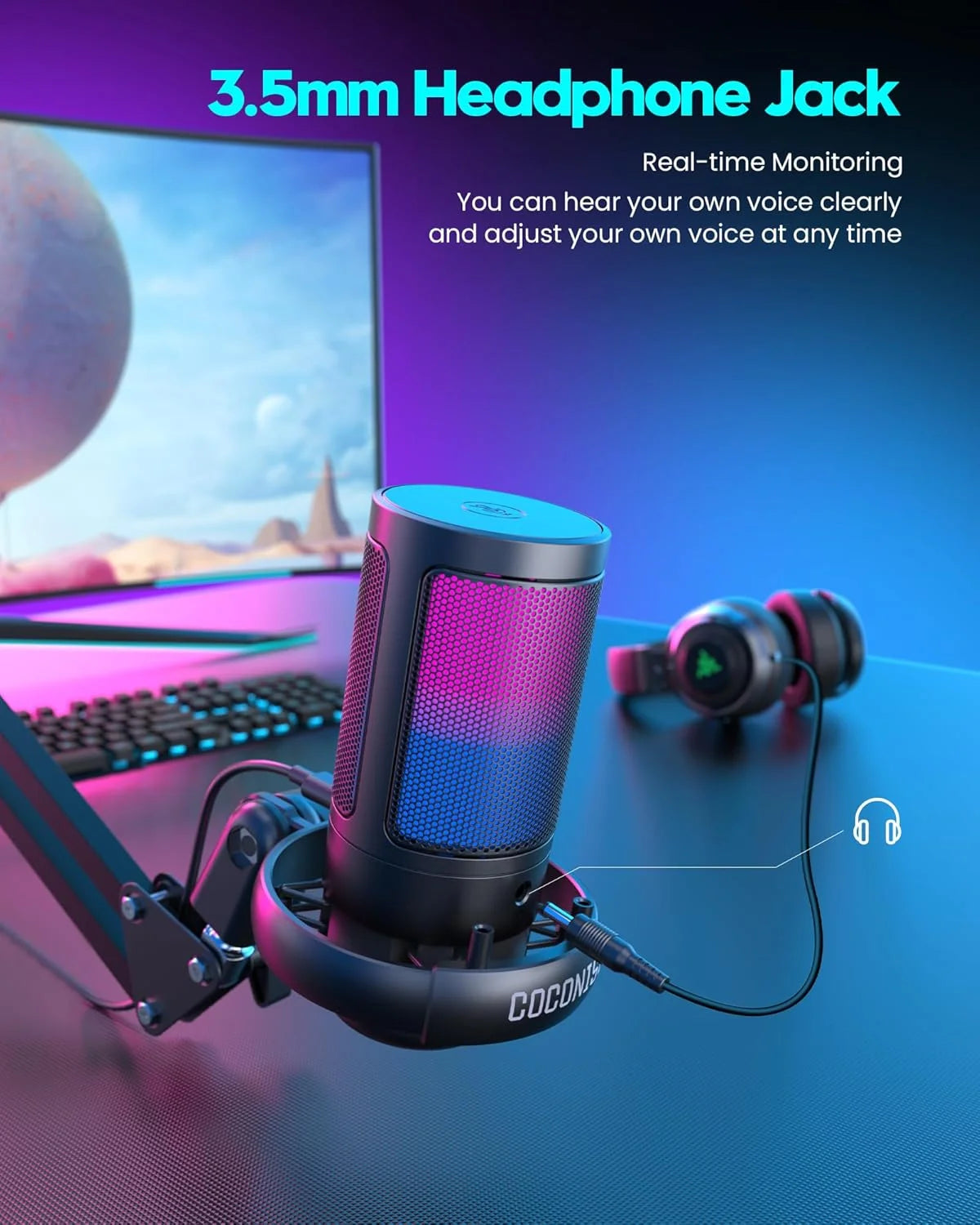 Gaming USB Microphone, Controllable RGB Lighting, With Cantilever Bracket, Suitable for Game Live Streaming and Audio Recording