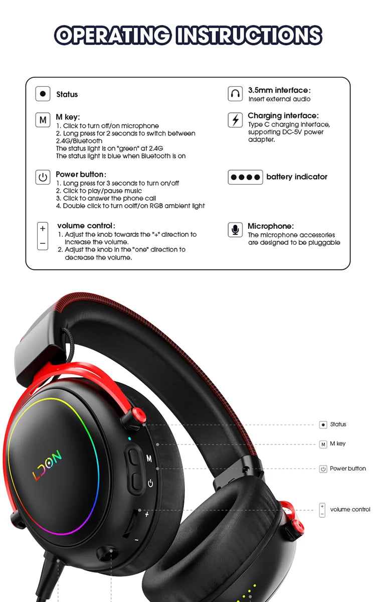 LDON Gaming Headset with RGB Noise Canceling Microphone 7.1 Surround Sound Headphones for PS5 PS4 One PC Laptop Mac Computer PC