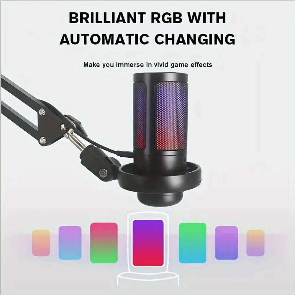 Gaming USB Microphone, Controllable RGB Lighting, With Cantilever Bracket, Suitable for Game Live Streaming and Audio Recording