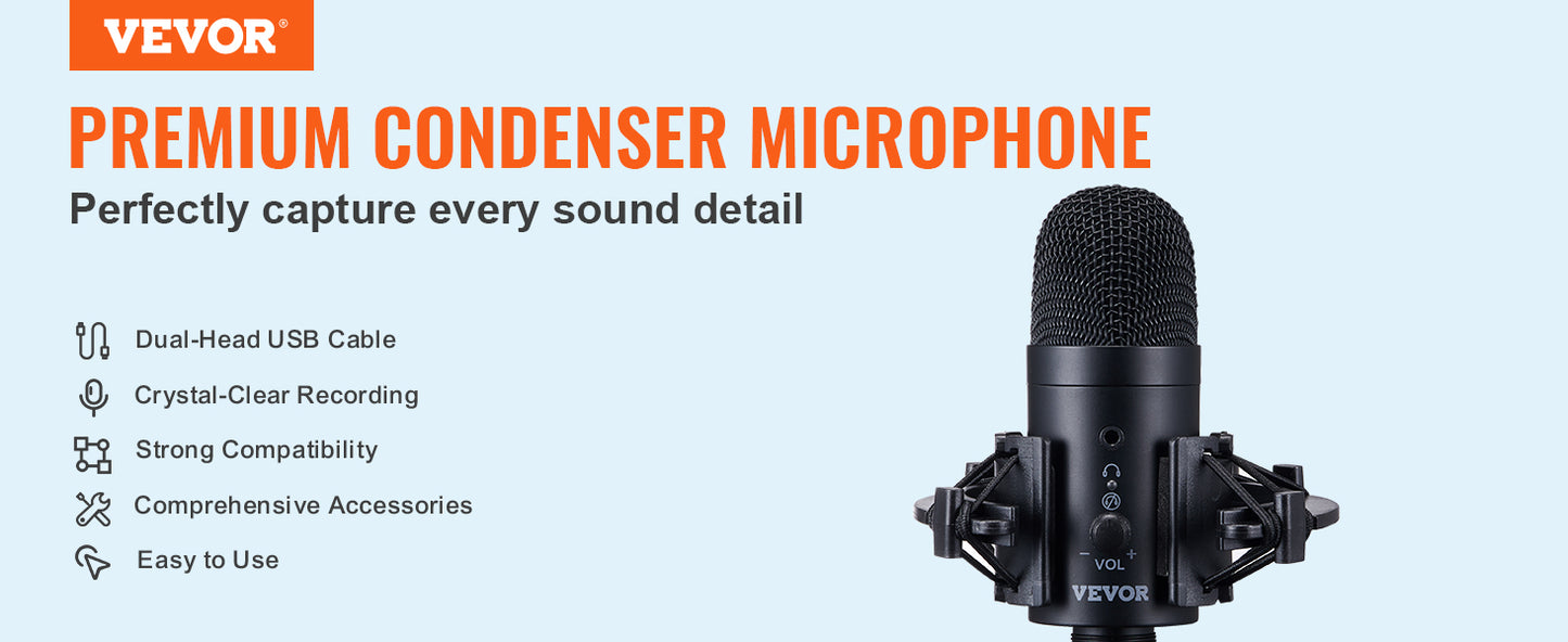 VEVOR USB Microphone 192kHz/24-bit Professional Condenser Microphone Kit for Podcast Recording Video Gaming Singing Streaming