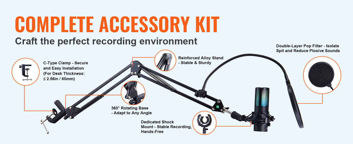 VEVOR USB Microphone 192kHz/24-bit Professional Condenser Microphone Kit for Podcast Recording Video Gaming Singing Streaming