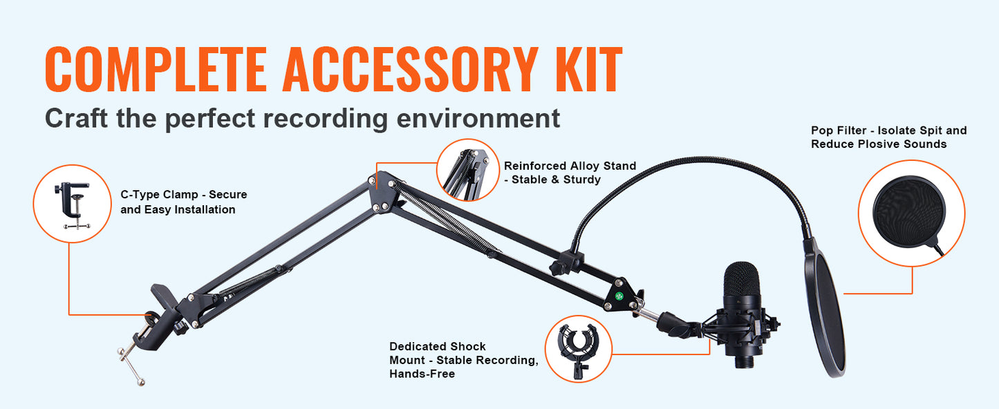 VEVOR USB Microphone 192kHz/24-bit Professional Condenser Microphone Kit for Podcast Recording Video Gaming Singing Streaming
