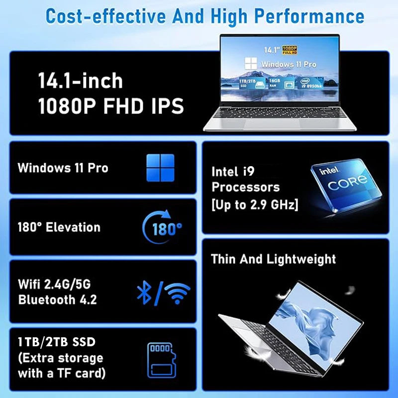 14.1'' Laptop Computer Windows 11 Intel Core i9 8950HK 16GB DDR4 1TB 2TB SSD Laptops Office Study Gaming Notebook PC Computer