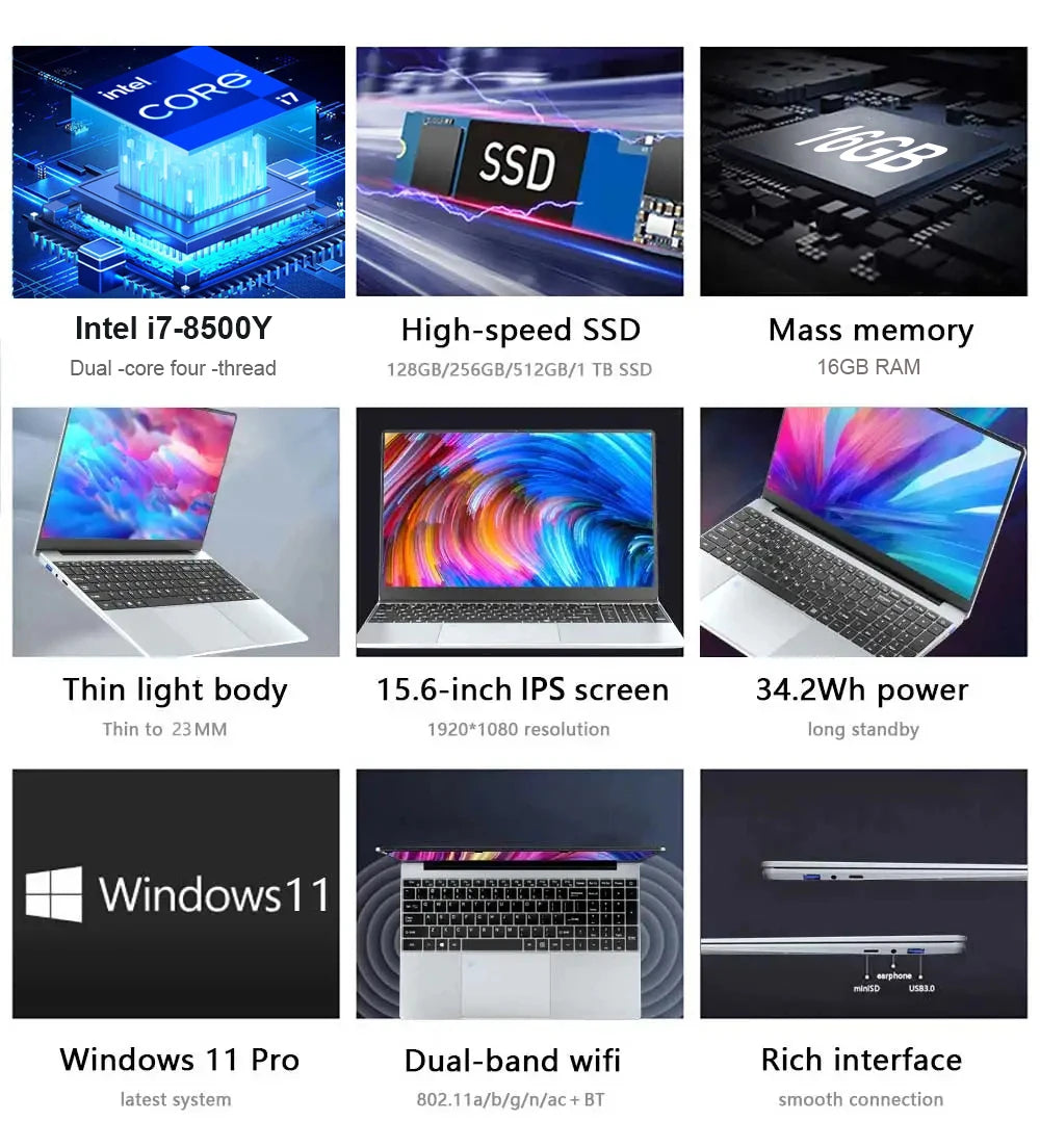 15.6" Intel Core i7 8500Y Laptop Computer PC Windows 11 Pro 16GB DDR4 1TB SSD i7 Laptops Office Fingerprint Unlock Notebook PC