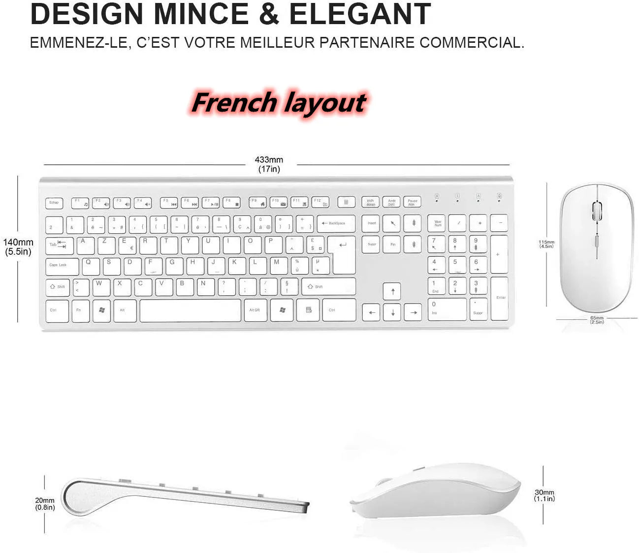 2.4G Rechargeable Wireless Keyboard And Mouse。Ergonomic Full-Size Design。Russian/English/German/French。Laptop/PC/ Windows，Silver