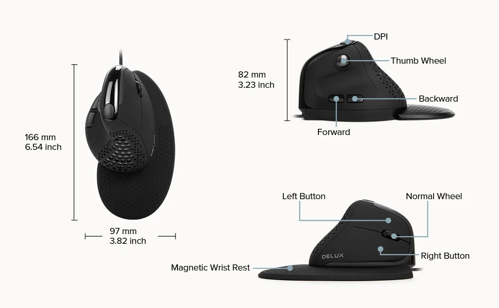 Delux Seeker M618XSU Ergonomic Vertical Wired Mouse RGB Light Removable Back Cover 4000DPI Gaming Mice For Laptop Computer