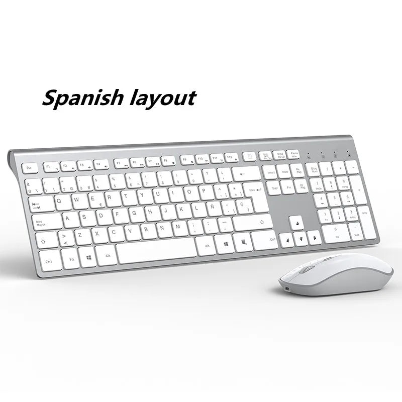 2.4G Rechargeable Wireless Keyboard And Mouse。Ergonomic Full-Size Design。Russian/English/German/French。Laptop/PC/ Windows，Silver
