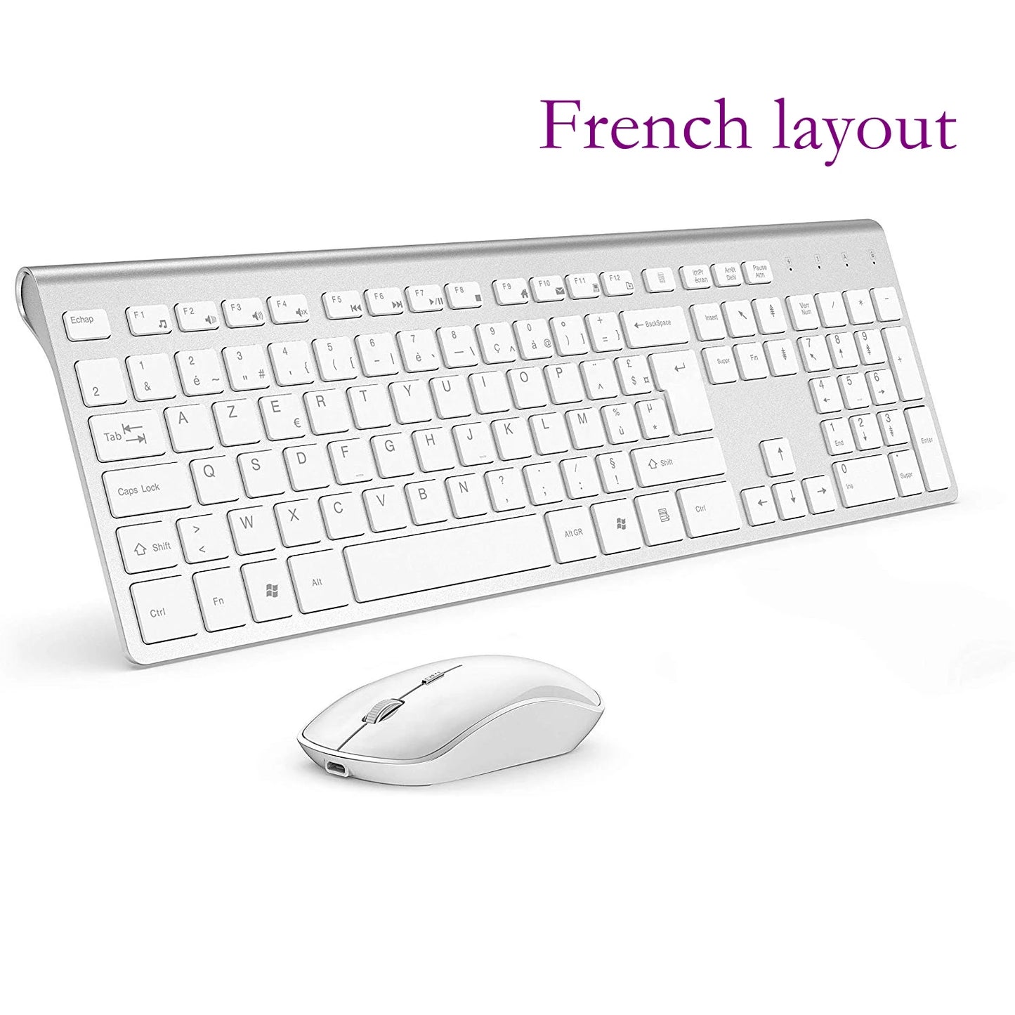 2.4G Rechargeable Wireless Keyboard And Mouse。Ergonomic Full-Size Design。Russian/English/German/French。Laptop/PC/ Windows，Silver