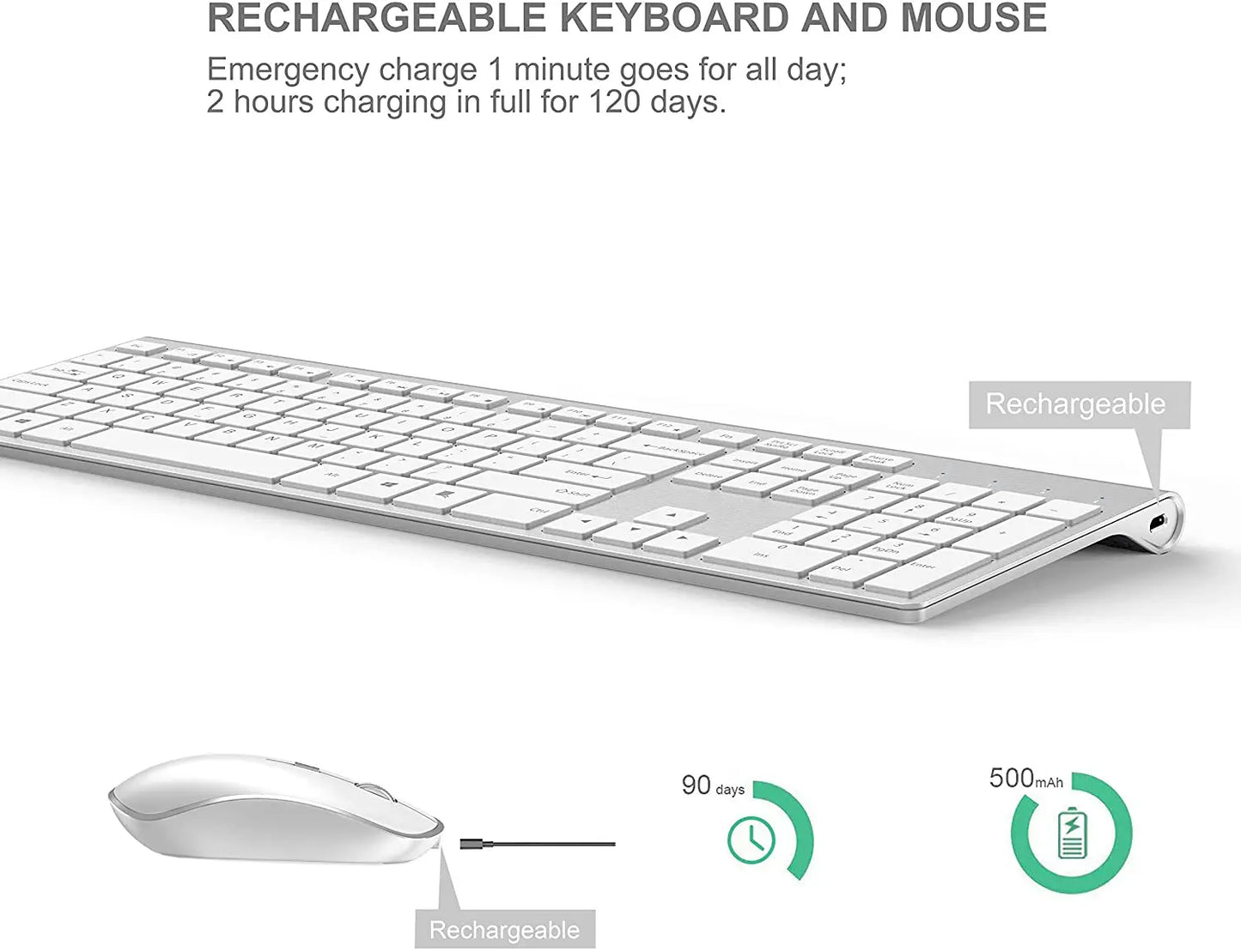 2.4G Rechargeable Wireless Keyboard And Mouse。Ergonomic Full-Size Design。Russian/English/German/French。Laptop/PC/ Windows，Silver