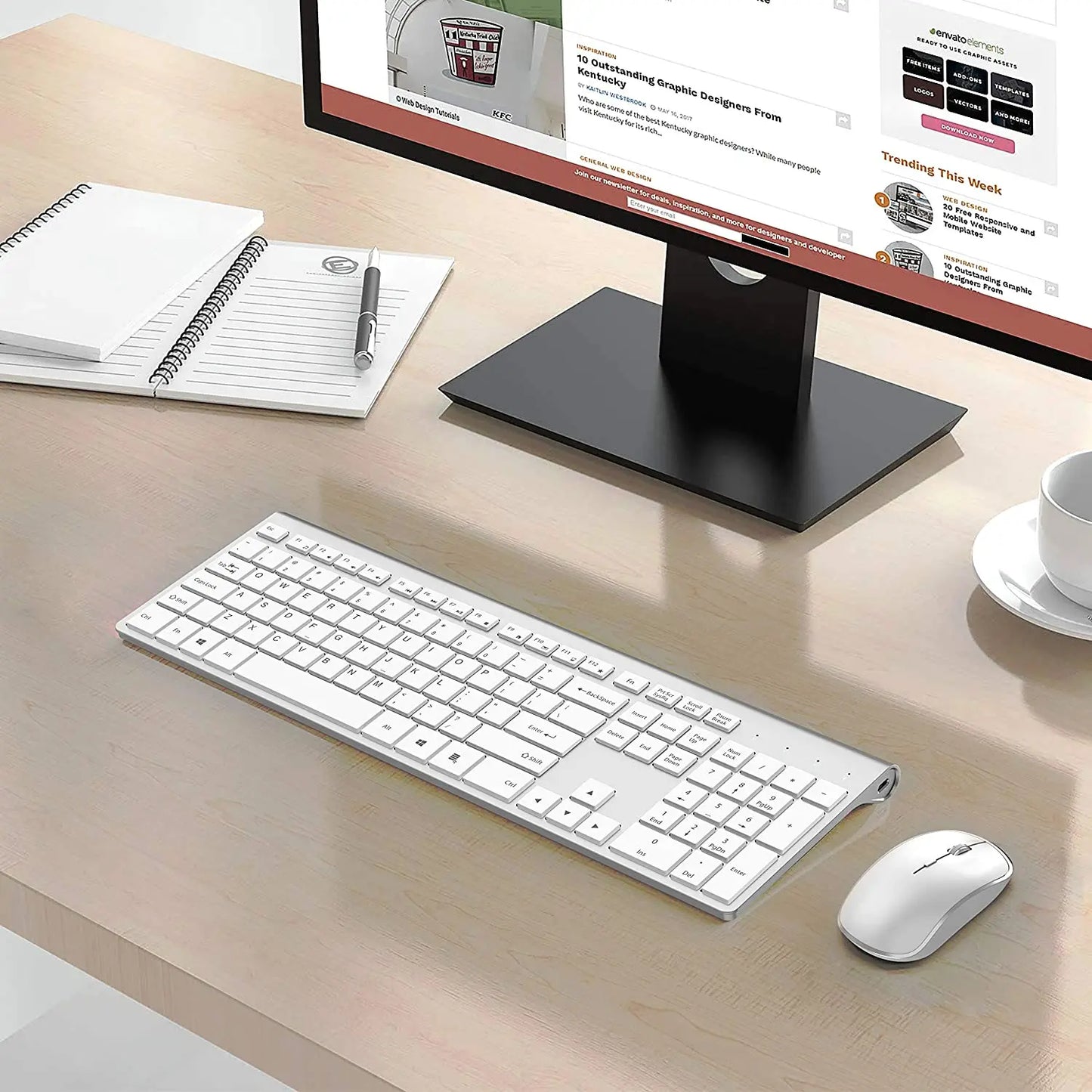 2.4G Rechargeable Wireless Keyboard And Mouse。Ergonomic Full-Size Design。Russian/English/German/French。Laptop/PC/ Windows，Silver