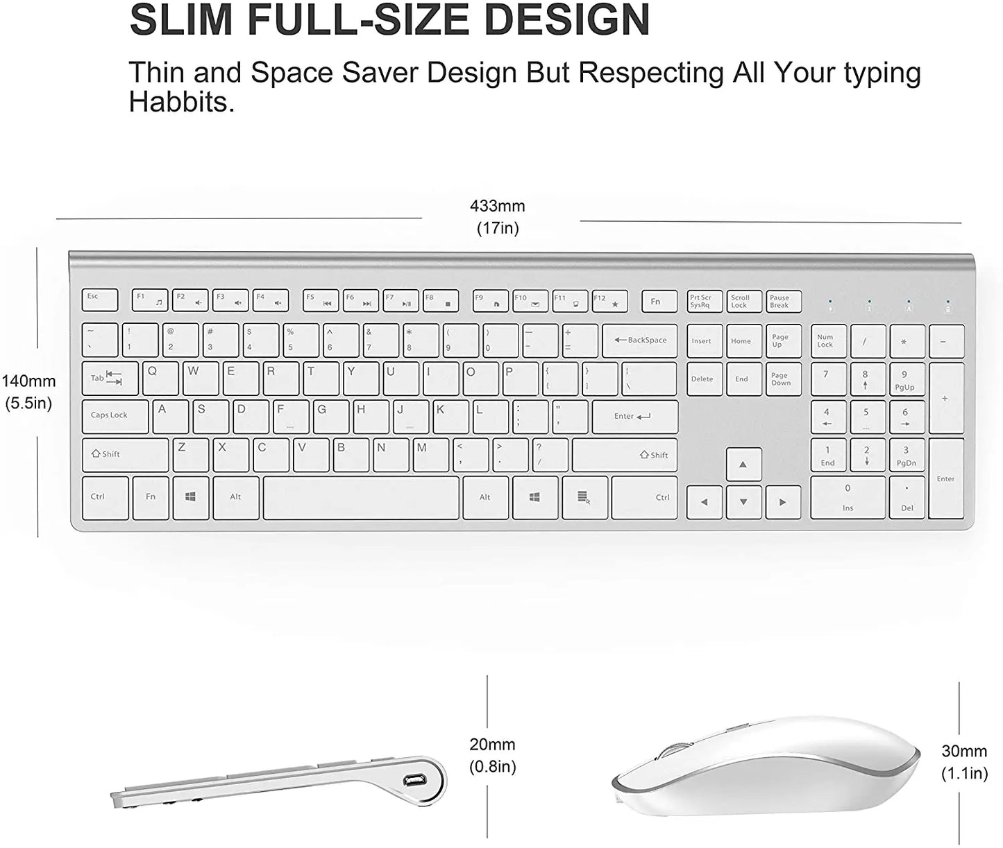 2.4G Rechargeable Wireless Keyboard And Mouse。Ergonomic Full-Size Design。Russian/English/German/French。Laptop/PC/ Windows，Silver