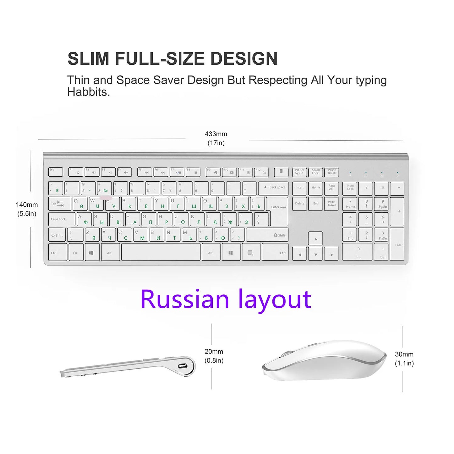 2.4G Rechargeable Wireless Keyboard And Mouse。Ergonomic Full-Size Design。Russian/English/German/French。Laptop/PC/ Windows，Silver