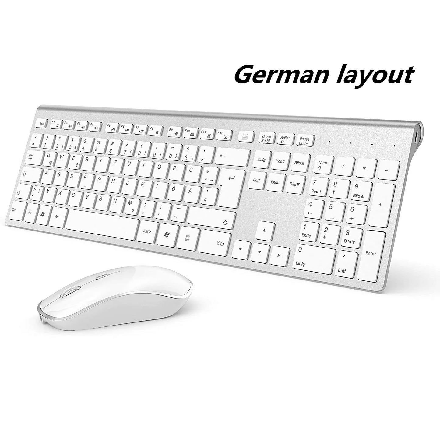 2.4G Rechargeable Wireless Keyboard And Mouse。Ergonomic Full-Size Design。Russian/English/German/French。Laptop/PC/ Windows，Silver