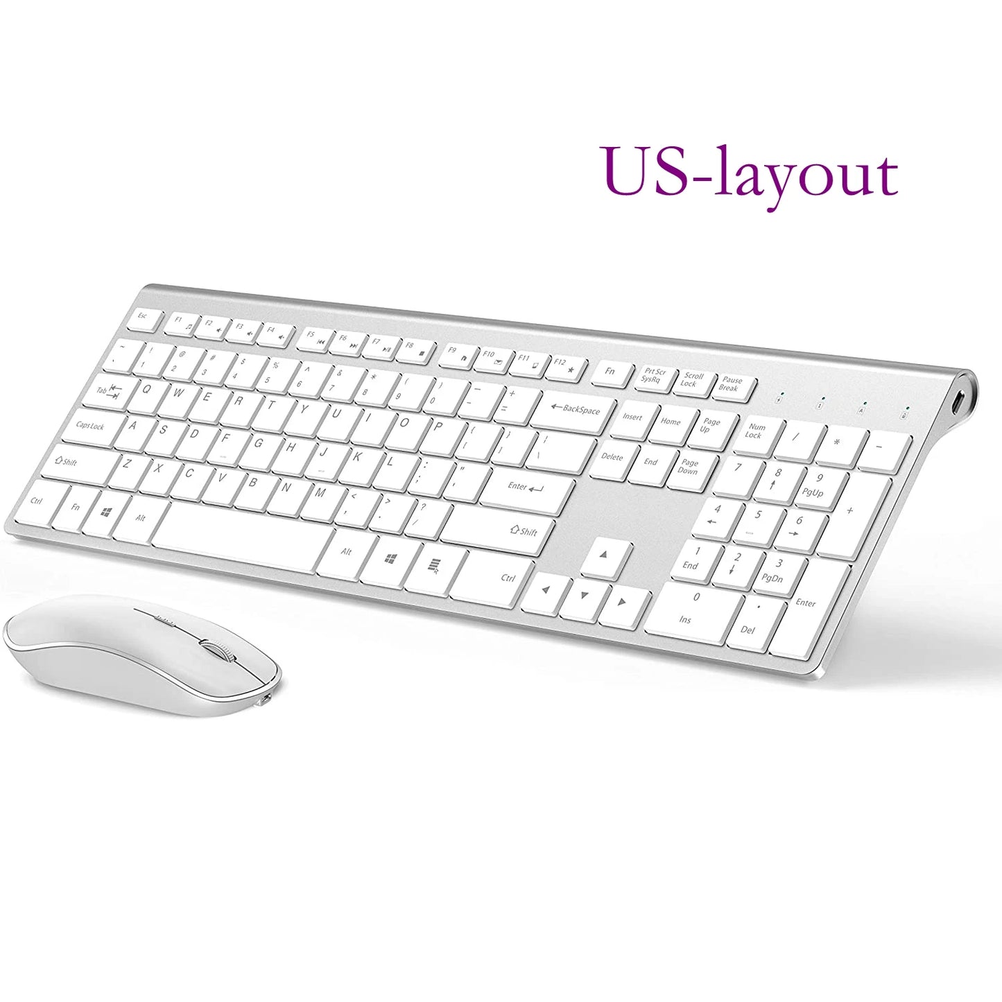 2.4G Rechargeable Wireless Keyboard And Mouse。Ergonomic Full-Size Design。Russian/English/German/French。Laptop/PC/ Windows，Silver