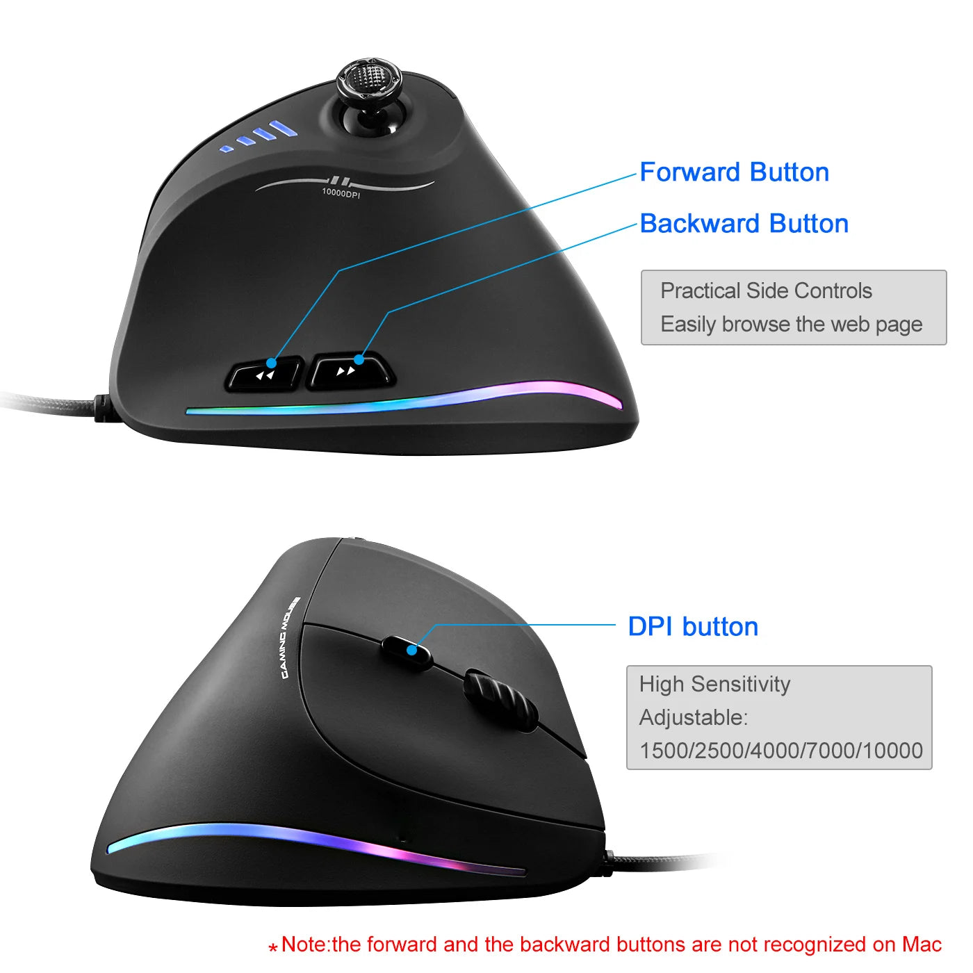 ZELOTES Vertical Gaming Mouse Wired USB Ergonomic Mice RGB Joysticks Programmable Laser Mice 10000 DPI For Gamer PC Computer C18