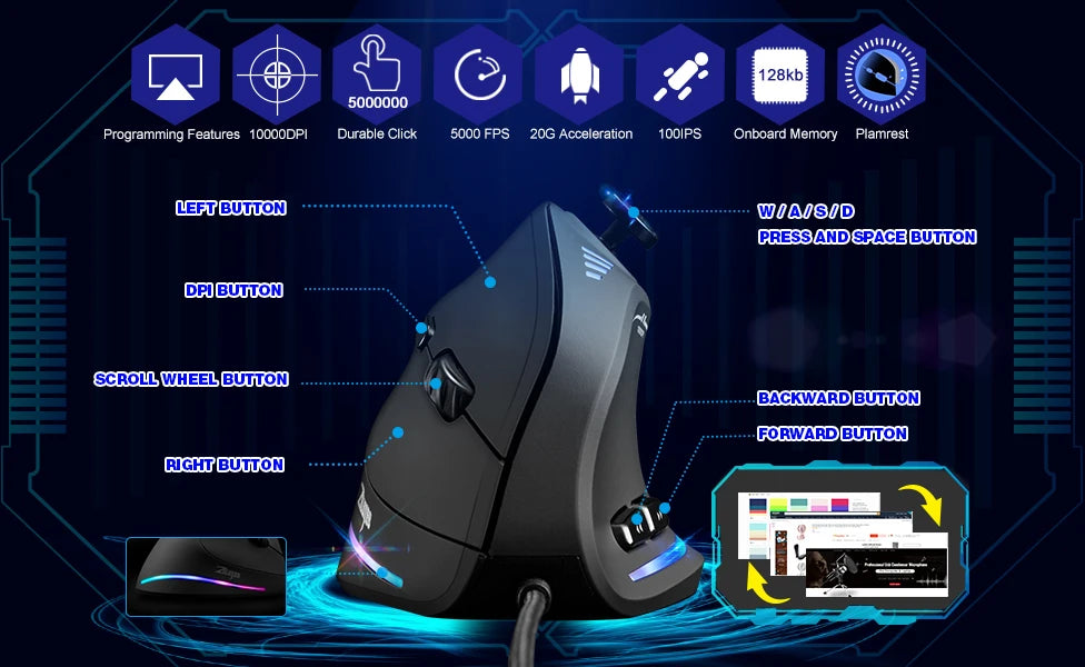 ZELOTES Vertical Gaming Mouse Wired USB Ergonomic Mice RGB Joysticks Programmable Laser Mice 10000 DPI For Gamer PC Computer C18
