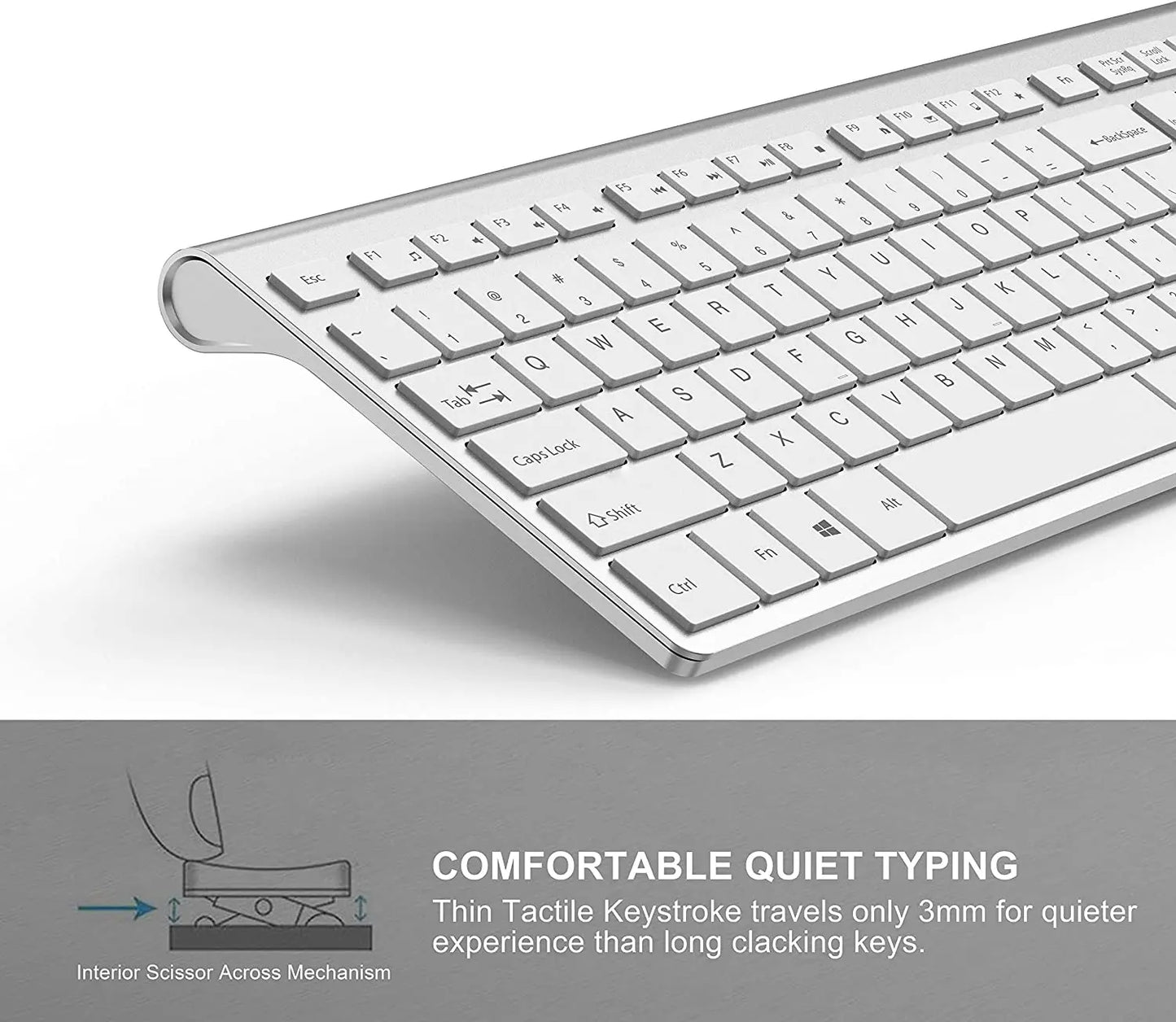 2.4G Rechargeable Wireless Keyboard And Mouse。Ergonomic Full-Size Design。Russian/English/German/French。Laptop/PC/ Windows，Silver