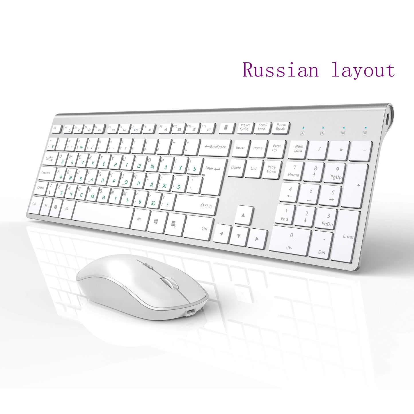 2.4G Rechargeable Wireless Keyboard And Mouse。Ergonomic Full-Size Design。Russian/English/German/French。Laptop/PC/ Windows，Silver