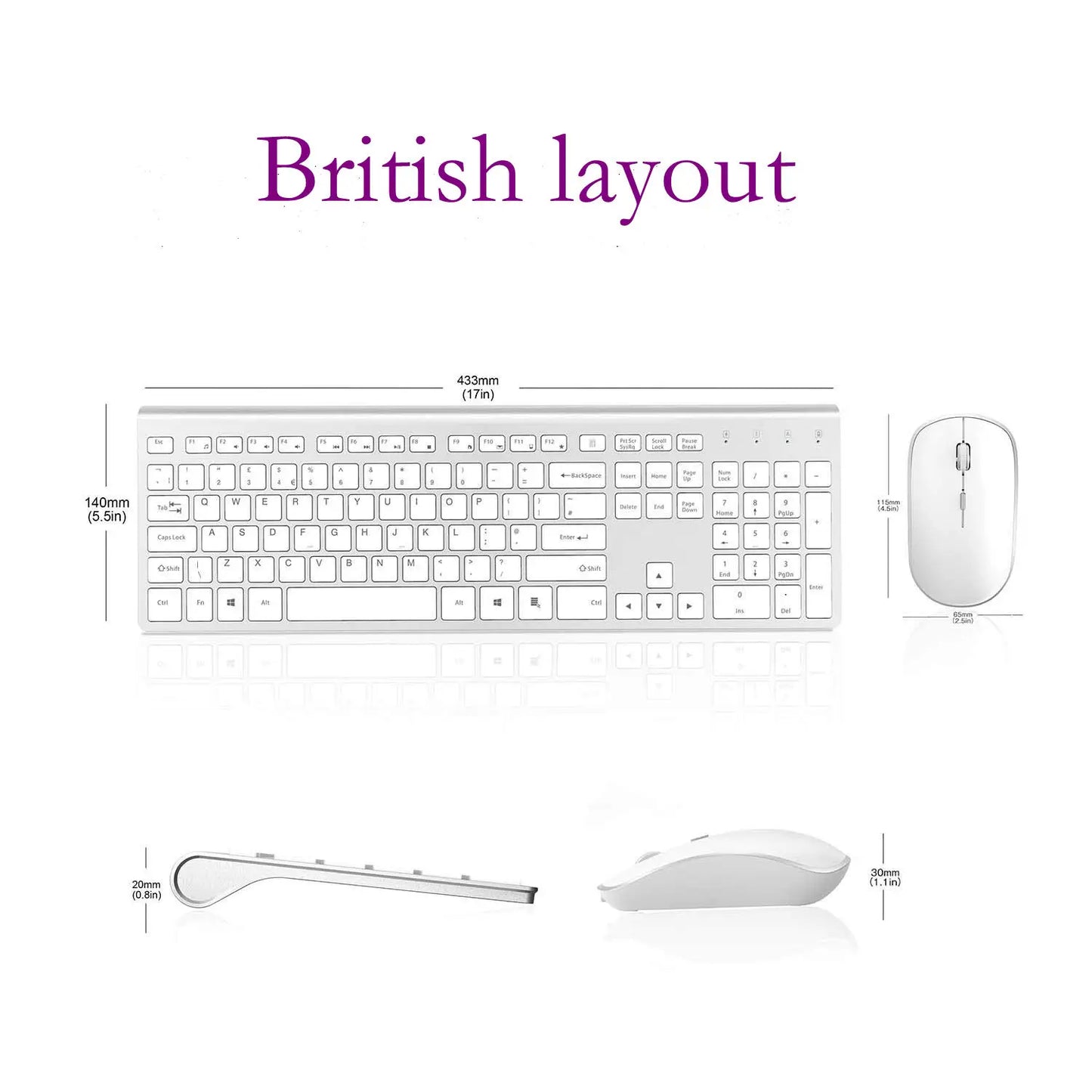 2.4G Rechargeable Wireless Keyboard And Mouse。Ergonomic Full-Size Design。Russian/English/German/French。Laptop/PC/ Windows，Silver