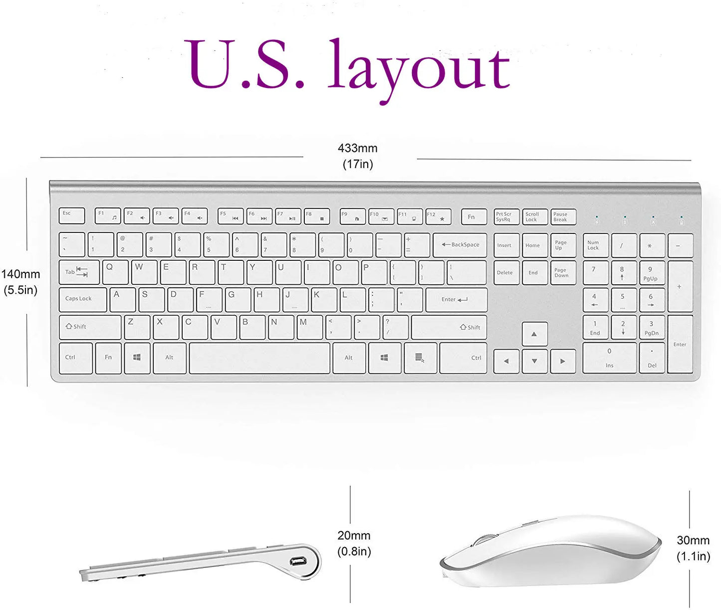 2.4G Rechargeable Wireless Keyboard And Mouse。Ergonomic Full-Size Design。Russian/English/German/French。Laptop/PC/ Windows，Silver