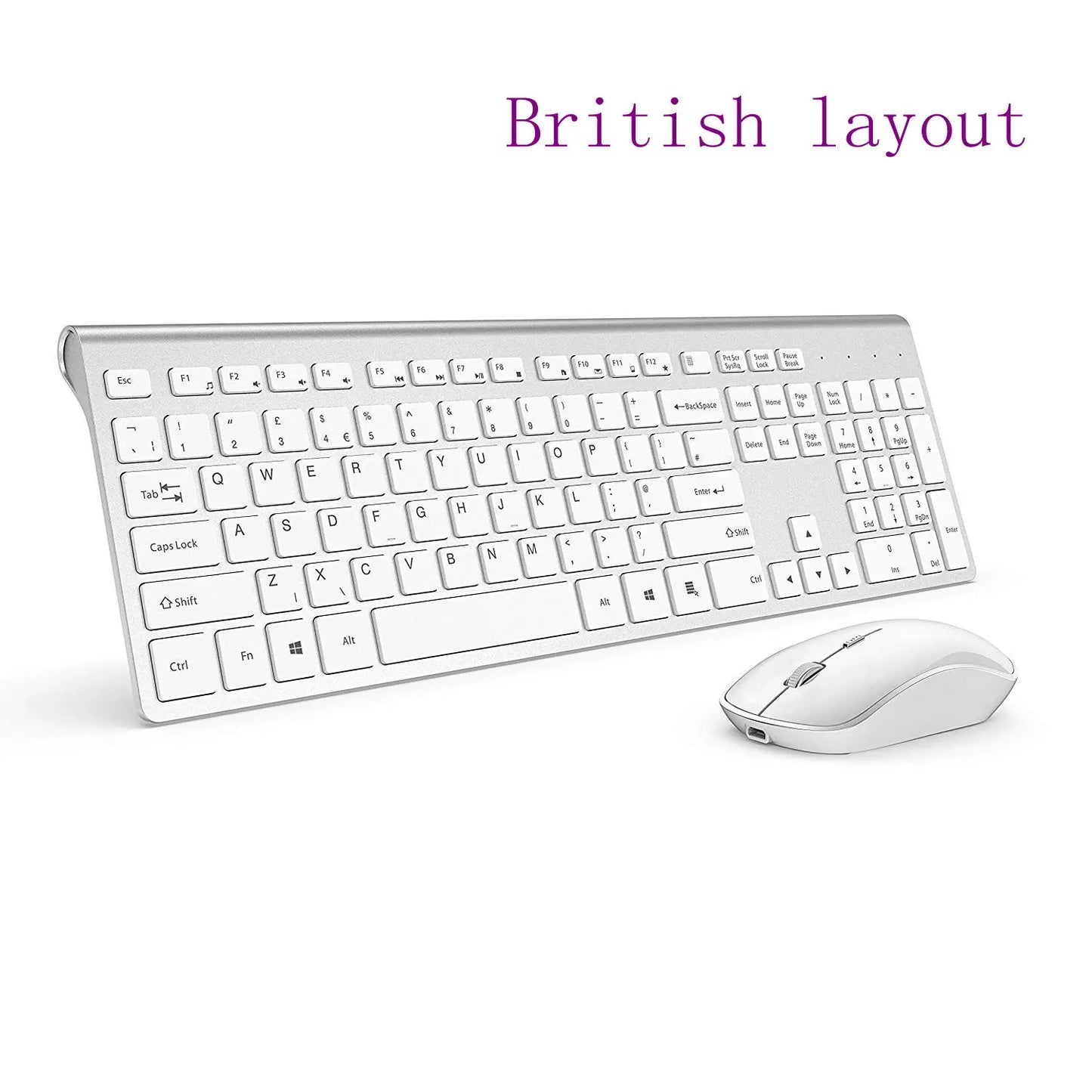 2.4G Rechargeable Wireless Keyboard And Mouse。Ergonomic Full-Size Design。Russian/English/German/French。Laptop/PC/ Windows，Silver