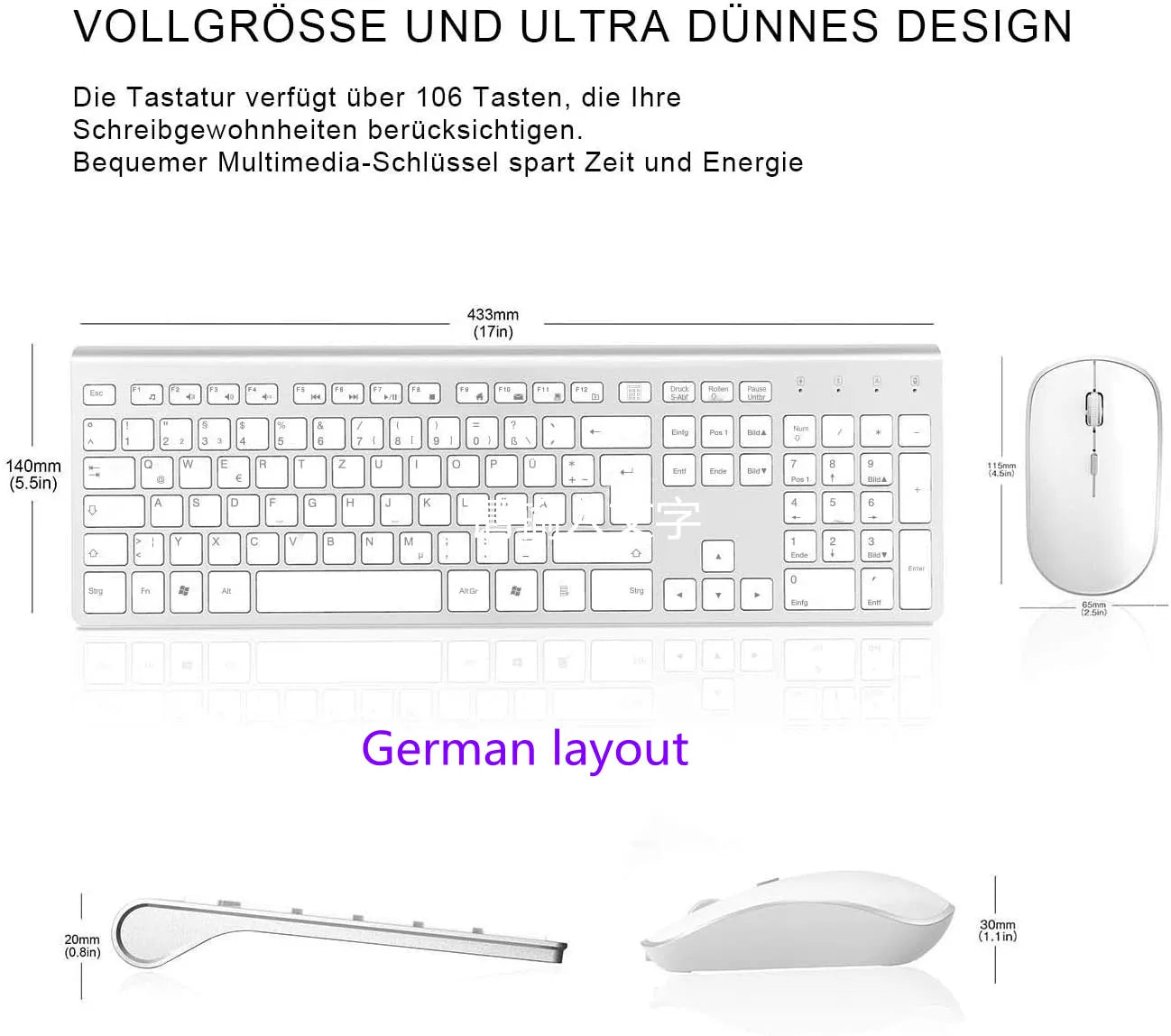 2.4G Rechargeable Wireless Keyboard And Mouse。Ergonomic Full-Size Design。Russian/English/German/French。Laptop/PC/ Windows，Silver