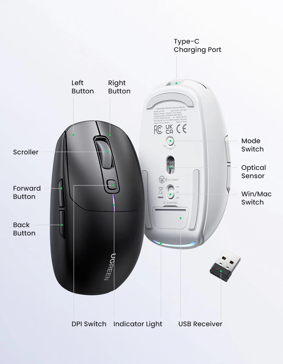 UGREEN Gaming Mouse 5000DPI Wireless Mouse Bluetooth 5.0 2.4G Wired Rechargeable Gamer Mice 6 Buttons For MacBook Tablet Laptops