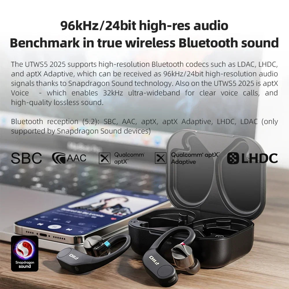 FiiO UTWS5 2025 True Wireless Earbuds Hook Earphone Bluetooth Hi-Res 96kHz/24bit Headphone LDAC -MMCX/0.78 2pins Portable For PC