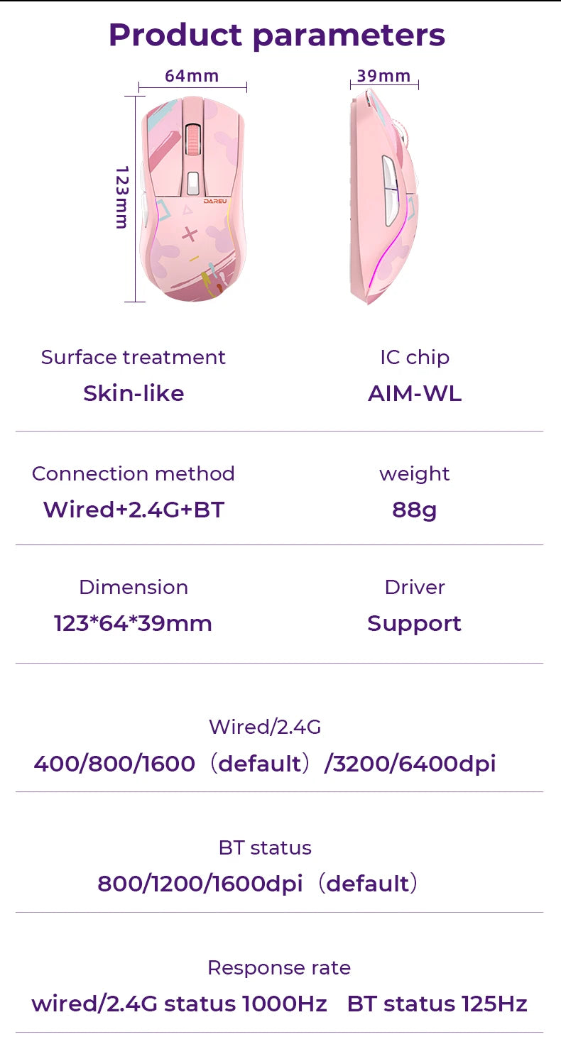 DAREU PC Gaming Mouse Tri-mode Connect Bluetooth Wired 2.4G Wireless Mice with Charging Base KBS Buttons Mous for Laptop Gamer