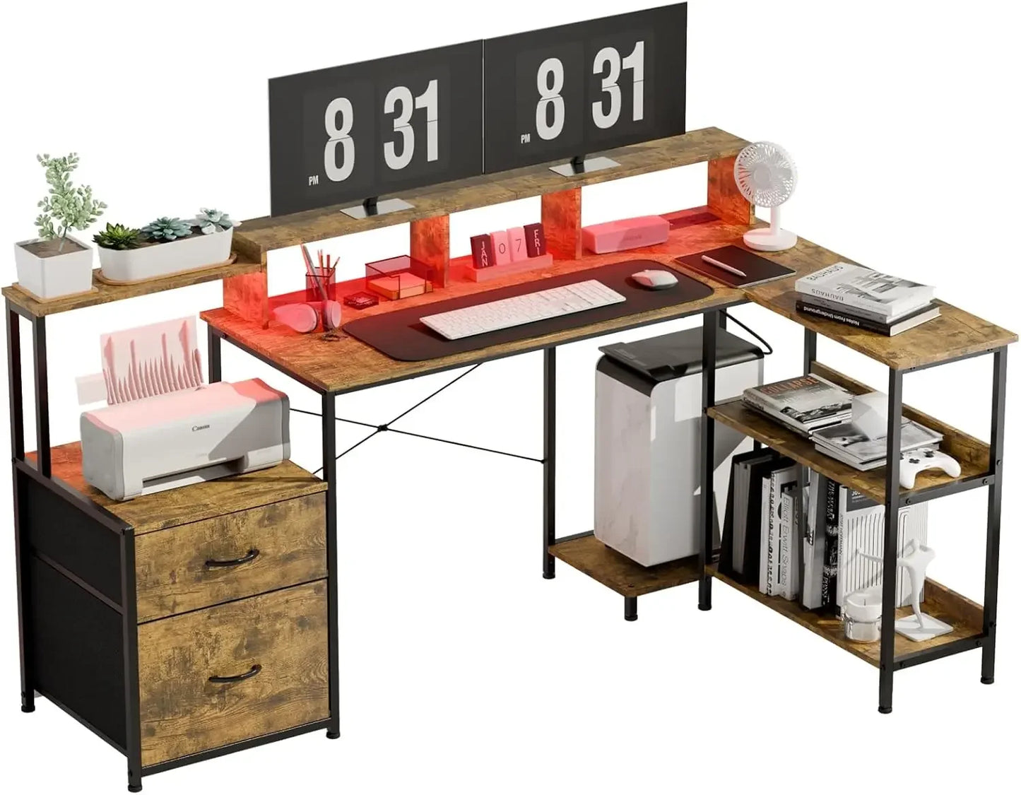 73 Inch L Shaped Gaming Desk with Drawers, Large Computer Desk with Storage and Power Outlet, Corner Desk with Led Lights