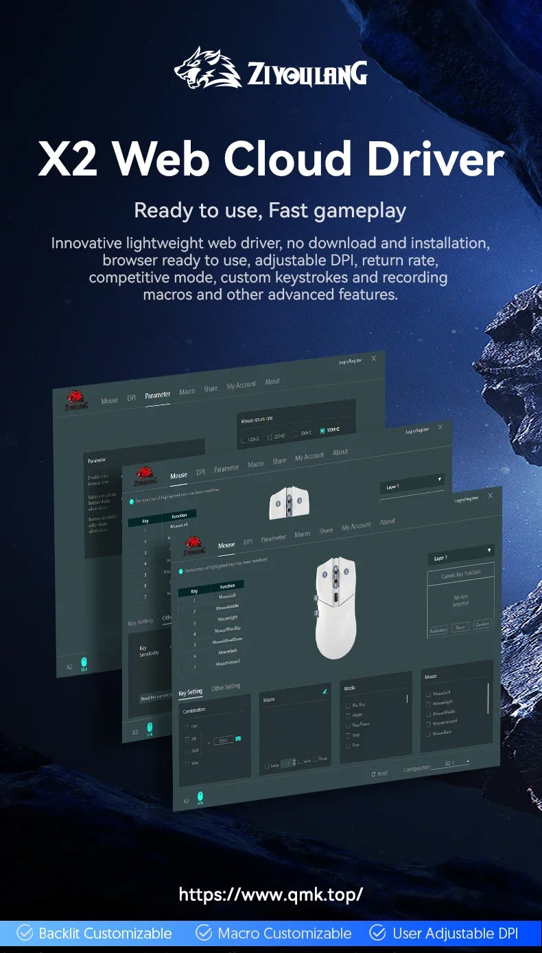 ZIYOULANG X2  Wireless Mouse , PixArt PAW3311, Tri-Mode Connection,RGB Magnetic Charging Base,Macro Gaming Mouse