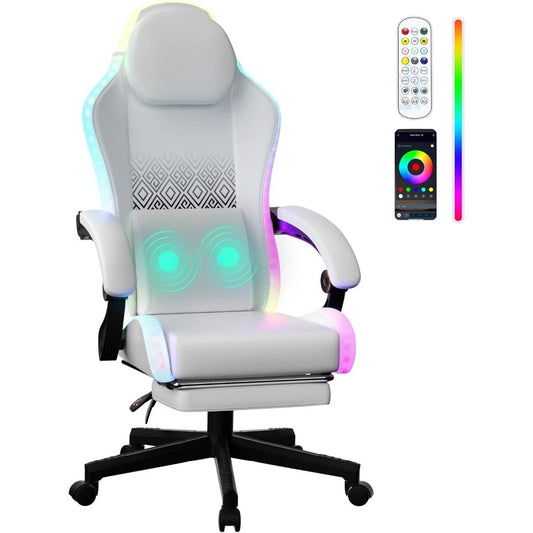 Gaming Chair, LED Game Chair with Massage Lumbar Support and Footrest - Ergonomic Computer Chair with Adjustable Height